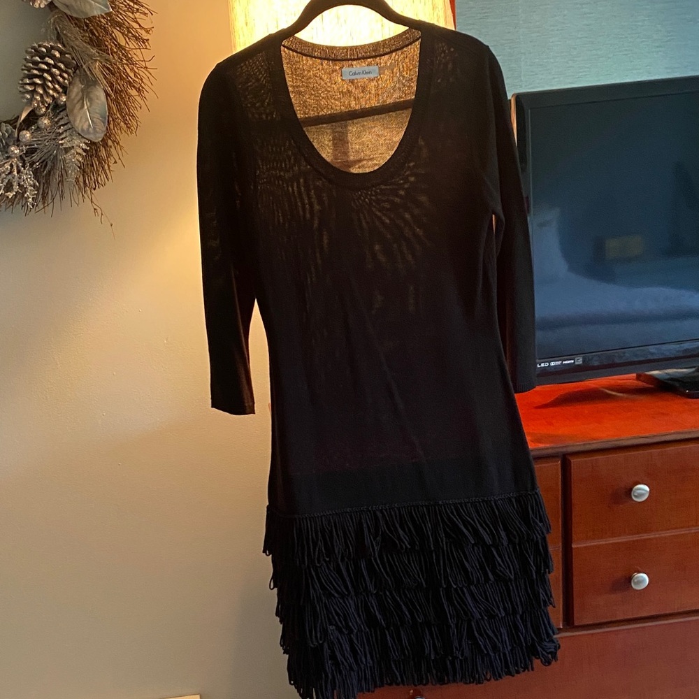 Calvin Klein Black Long Sleeve Fringe Dress